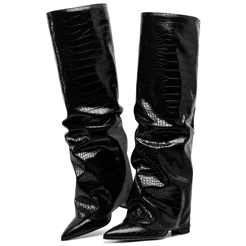 EROCALLI Women's Black Chic Slouchy Knee-High Boots - Pointed Toe, Fold-Over Design, Chunky Heel, Shark-Inspired Fashion Shoe for Party, Business (Women's Footwear), Modest,sohochic
