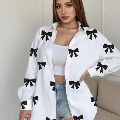 Women's Loose-Fit Long Sleeve Shirt Blouses, Womenswear, Casual Everyday Knit Fabric Top for Spring & Fall, Comfortable Moderate Thick Material Design