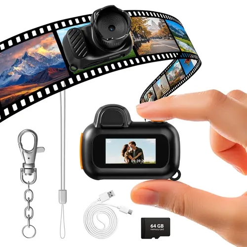 [backtoschool]Mini Keychain Digital Recording Camera - Compact HD Camcorder with 64GB TF Card, 1080P HD, 8MP Lens, Flash, 0.96" LCD Screen, Rechargeable, Realtime Preview, Cable - Mini Gadgets for Purse, Travel | Kids' Perfect Gift, Hd Video Camcorder,soh