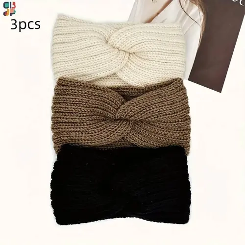 Cubidupi Women's 3-Piece Knotted Ribbed Knit Headband Set - Classic Neutrals (Beige,Brown,Black) | Warm Ribbed Knit Unisex Hair Accessories for Everyday Wear, Band Set Headbands
