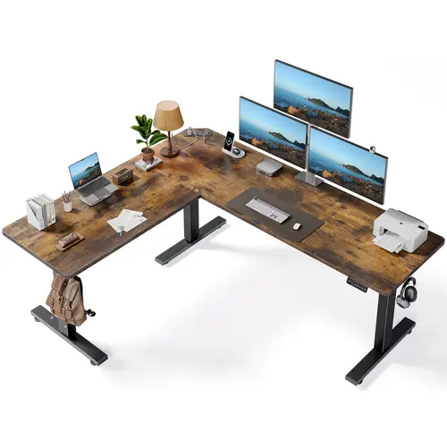 SIAGO Sturdy Computer Standing Desk, 75x63 Inch L-Shaped Adjustable Corner Desk with Charging Station, Memory Controller and Splice Board, Wood Home Office Workstation - Valentine Gift, Sturdy Computer Desk