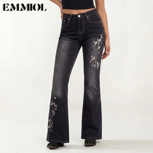 EMMIOL【Back to School】Women Mid Low Rise Bell Bottom Jeans Stretchy Flare Denim Pants Embroidery Vintage Y2K 90s Streetwear SohoChic