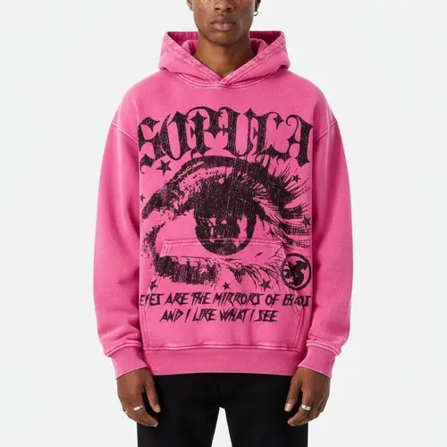 Sopula Studio Men's 100% Cotton Star-Eyes Graphic Acid Wash Hoodie - Long Sleeve Front Print Graphic Hoodies, Pink Casual Pullover Mens Fashion Top
