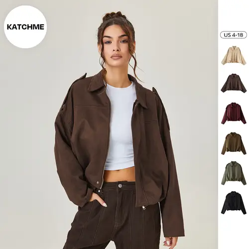 Katch Me Chic(US/CN)Women's Winter Vintage Collared Zipper Long Sleeve Jacket, Cozy Solid Color Oversized Outerwear for Lady, Versatile Loose Outfits for Daily Wear, Soft Womenswear #TikTokMadeMeBuyIt #SohoChic #ComfyOutfit