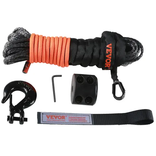 【toolupgrade】VEVOR Heavy Duty Nylon Synthetic Winch Rope, 1/4 in x 50 Ft 10,000 lbs, with Powder Coated Forged Hook, PU Coated Pull Strap, Nylon Sleeve (Shields Rough Edges), Stopper for ATV/UTV/Pickup Winching Tasks