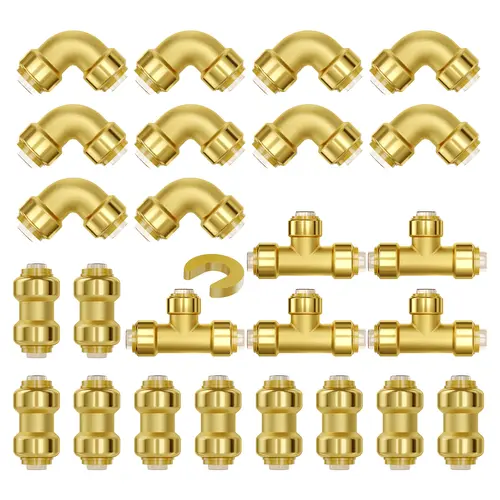 【toolupgrade】VEVOR 1/2" Brass Fittings Set (10 Elbows, 10 Straights, 5 Tees) 25PCS, Push-Fit High Temp Pipe Connections for PEX/Copper, Heating Systems Plumbing Adapter