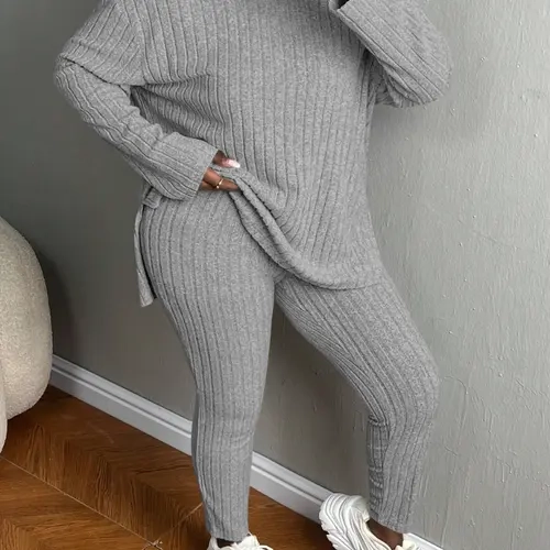 USBOUTIQUECHIC Plus Size Women's Solid Textured Ribbed Hoodie & Elastic Waist Pants Set, Casual Cozy Ribbed Knit Outfits for Fall & Winter, Baggy Matching Suits for Daily Wear