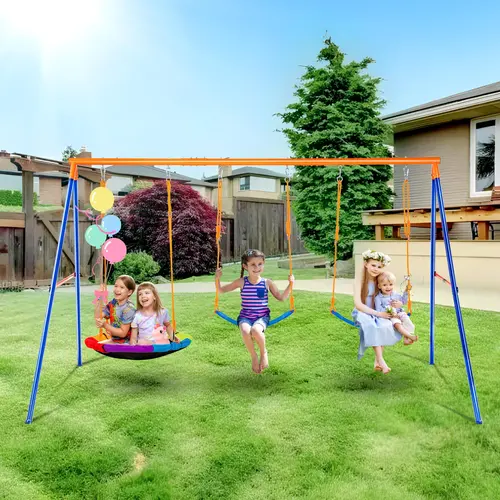 【toolupgrade】VEVOR Backyard Metal Frame Playground Equipment, 600lbs Load Capacity Swinging Set with 1 Oxford Fabric Saucer Seat, 2 Belt Seats, Heavy Duty A-Frame Stand & Adjustable Rope for Kids Outdoor Play