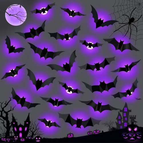 TOODOUR 36 PCS LED Purple Lighted 3D PVC Bat Halloween Decorations, 5 Sizes & 4 Shapes Removable Waterproof Stickers for Indoor Decorations, Outdoor Decor, Party, Halloween Party, Outdoor Halloween Decor,sohochic