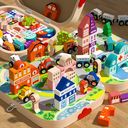 Edutree Stem Magnetic Blocks Creative Wooden Building Set, Educational Toy with Rolling Cars, Traffic Signs, Miniature Buildings, Smooth Wood for Safe Play, Fine Motor Practice & Imaginative Development, Kids' Birthday Gift,sohochic
