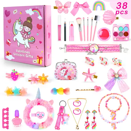 NPET 38pcs Princess Theme Role-Play Kit for Girls - Safe Plastic Cosmetic Tools, Play Kitchen Set, Pink Fashion Pretend Set, Valentine's/Birthday Party Favor Gift,sohochic