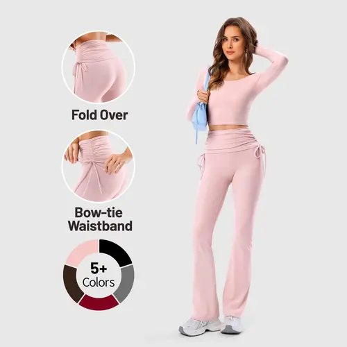 Inno Mint Women's High Waist Fold Over Leggings - Bow-tie Waistband, No Front Seam, Ruched Tummy Control, Flare Leggings Style, Activewear with Stretchy Fabric Moves with Every Pose, Body Shaping for Gym & Casual Use, Pants For Women, High Waist Hugs For,