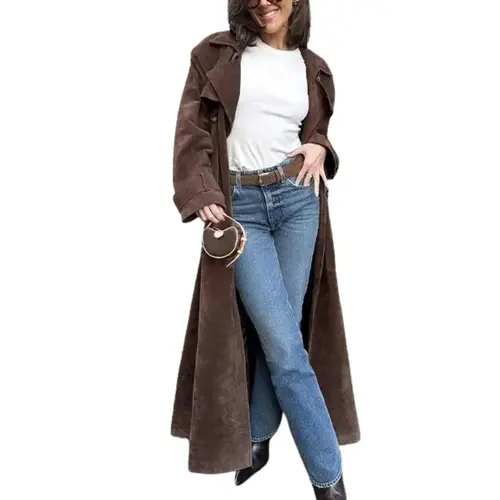 CHOUYATOU Women's Faux Suede Jacket, Double-Breasted Trench Coat with Notched Lapel, Belted Slim Fit for Formal to Casual Women's Clothing,back to school,back to school shopping, Fitted
