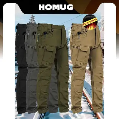 HOMUG Men's Windproof & Warm Outdoor Military Tactical Pants - Fleece-Lined, Solid Color, Mid-Rise, 320g Knit Fabric (Belt-Free, Multi-Pocket, Regular Fit) | Fall/Winter Casual Weekend Wear