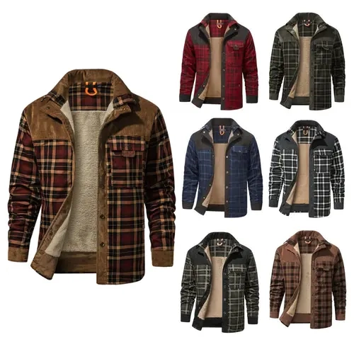 Gihuo Men's Medium Size Fleece Lined Sherpa Plaid Shirt Jacket Outdoor Warm Coats with Snap Button Front Closure & Pockets Armygreen & Cozy Outerwear Classic Menswear Soft Plaid Design Stylish Patchwork Casual Tops Checked Long Sleeve