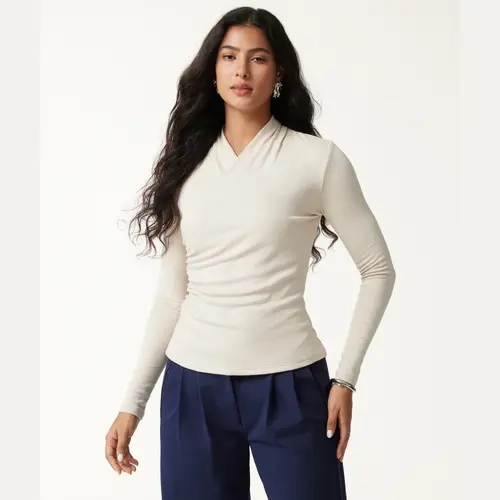 OGL Surplice Long Sleeve Top - Casual Korean Minimalist OL Style Medium Length Autumn Plain Women's Clothing teacher bae's outfit TikTokShopBackToSchool SohoChic Elegant Shirts