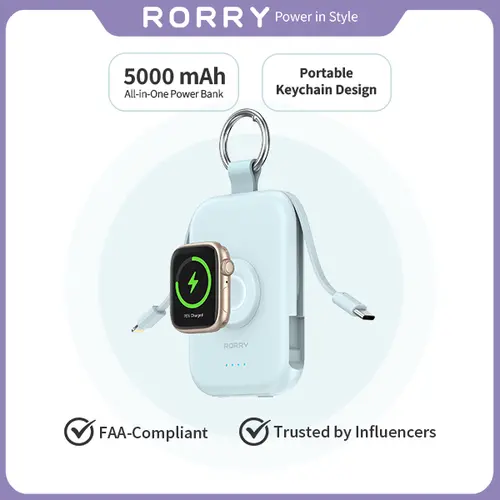 RORRY 5000mAh 3-in-1 Portable Power Bank with Built-in USB-C & Lightning Cables + Magnetic Apple Watch Wireless Charging – Fast Charging for iPhone & Apple Watch Android Gadgets Smartphone backtoschool,back to school,back to school haul,sohochic