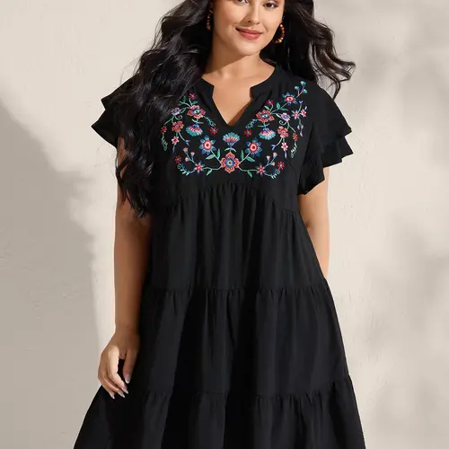 BLOOMCHIC SohoChic Women's Plus Size Curvy Short Sleeve Summer Dress - Embroidered V-Neck Ruffled Sleeves, Smooth Elastane-Polyester Fabric, Pockets, Low Iron, Floral, Casual Women's Clothes, Mom Vacation Outfit