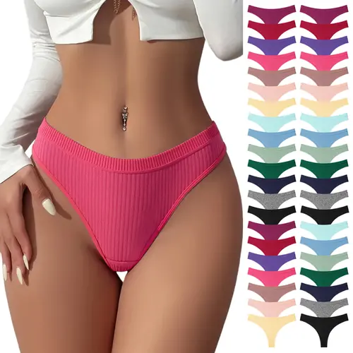 Hotcom Women's Solid Plain Cotton Thongs (7/10/14pcs Multiple Sets) - Ribbed, Gentle Touch, Soft, Breathable, Chic, Minimalist Fit, Plus Size Friendly, Easy Styling, Machine Washable, Cool All-Day Wear, Drop Waist, All Seasons Daily Underwear for Women