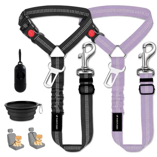 PAWPUBBY 4-Piece Dog Car Harness Seat Belt Set - Solid, Adjustable 60cm to 73cm Straps, 360° Rotating Clasp, Elastic Buffer, Poop Bag Holder & Bowl, Universal Cars Travel Safety Accessories for Pet Lovers