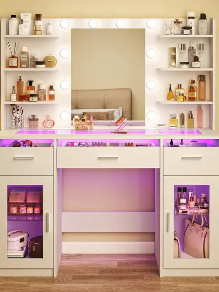 Vanity Desk, Makeup Vanity Desk with Mirror and Lights 3 Colors, Transparent Top with 3 RGB Drawers, 6 Shelves, 2 Large Tempered Cabinets, Power Outlet, for Bedroom, White