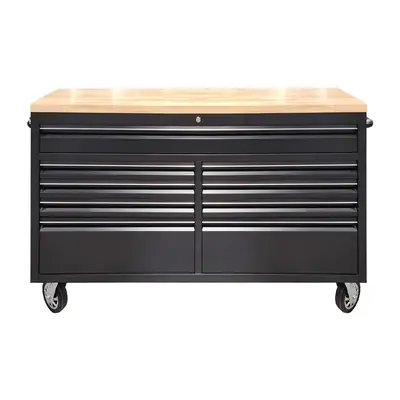 GARVEE 61" Rolling Tool Chest with Rubber Wood Top - 9-Drawer Mobile Workbench, Lockable Metal Storage Cabinet with 4 Heavy-Duty Wheels for Garage Workshops, Black