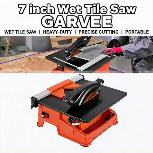 【GARVEE】7 in Wet Tile Saw Tool, 6500 RPM Copper Motor Cutter with 0-45° Bevel Cutting, Water Reservoir, Galvanized Steel Components, 16mm Cut Capacity, Mini Feet Plugs for Ceramic, Porcelain, Stone DIY Home Projects (Tools Category), Water Cooling System,