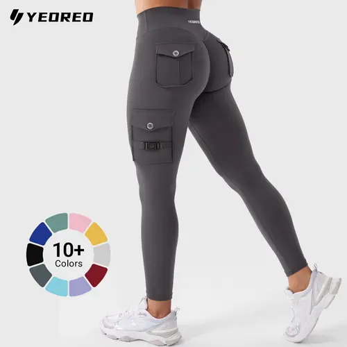 YEOREO Women’s High Waisted Cargo Yoga Pants - True-to-Fit Shapewear with Hidden Pockets, Scrunch Butt Lift, Compression - Gym Fashion Everyday Active Athleisure Bottoms for Summer Workouts