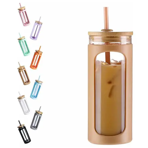 WINSA 20oz Borosilicate Glass Water Tumbler - Portable, BPA-Free, Leak-Proof, with Bamboo Lid, Straw, Protective Silicone Sleeve, Wide Mouth for Iced Coffee, Gym & On-the-Go Use, Washable Drinkware Bottle,sohochic