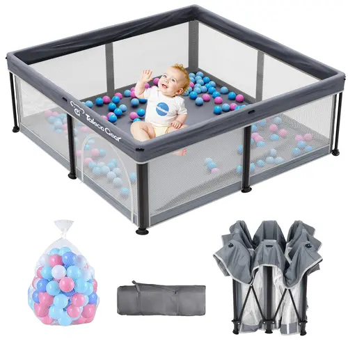 Foldable Baby PlayPen with Mat 50"x50"，Playpen for Babies and Toddlers with Gate Breathable ，Foldable Travel PlayPen with 50 Ocean Balls ，Floor Playpen#sohochic