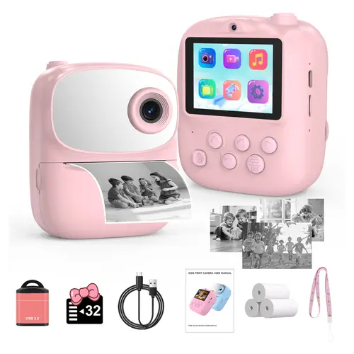 【tiktokshopbacktoschool】Kids Instant Print Camera (with 3 Rolls of Paper), 2.4" LCD Screen, Rechargeable 1080P Pocket Camera, 12MP Photos, Thermal Paper Printing (No Ink Needed), Birthday Gift for Boys & Girls, Portable Lens Camera,sohochic