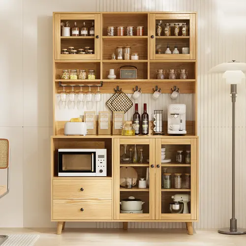 72.5"H Kitchen Hutch with 4 Door,2 Drawer, Hanging Rack & Adjustable Shelf, Sideboard Buffet, Storage Pantry Cabinet for Dining Room, Living Room