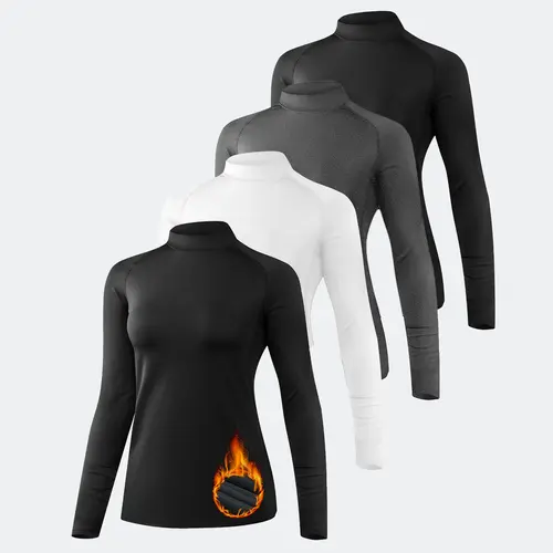 Women's 4-Pack Thermal Long Sleeve Turtleneck Tops - Fleece-Lined Compression Solid Basics Shirts, Stylish Elegant Fit for Winter Cold Days