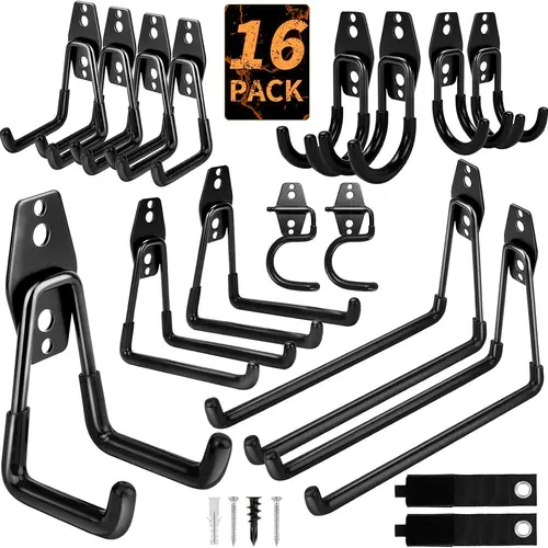 16 Pack Garage Hooks Heavy Duty Organization for Tools Wall Mount Utility Hook Garage Hanger Storage Hooks with 2 Extension Cord Straps Shed Organiser