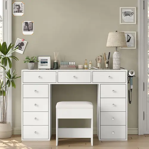 FUSOU Mirrorless Vanity Desk, Makeup Vanity with 11 Drawers and Charging Station, White Vanity with Storage for Bedroom, Home Office Computer Desk for Bedroom, White
