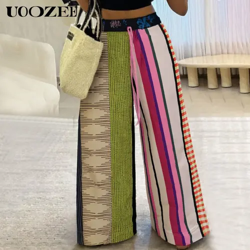 UOOZEE Women's Striped High-Waist Baggy Wide-Leg Polyester Pants - Foldable, Breathable Casual Streetwear Style Bottoms with Pockets, Contrast Drawstring (Valentines Day Ready)