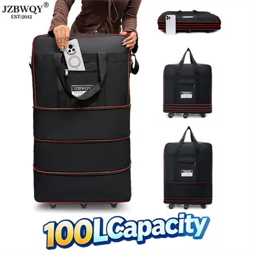 JZBWQY 100L High-Capacity Nylon Expandable Foldable Lightweight Rolling Garment Duffle Bag - 360° Universal 4-Wheel Smooth Roll, Carry On/Personal Item Travel Bag, Spacesaving Fold, for Moves & Weekend Getaways; Hand Wash Not Recommended