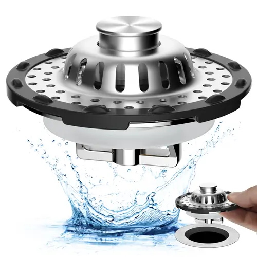 Hibbent 3-in-1 Popup Sink Stopper - 1 Pack Chrome Brass Bathroom Decor Fixture, Popup Quick Drain with Tight Seal Washers, 4 Silicone Rings, Visible Top Hair Catcher, Detachable Filter Basket, Fits 1.53-2.4in Standard Bathroom Holes