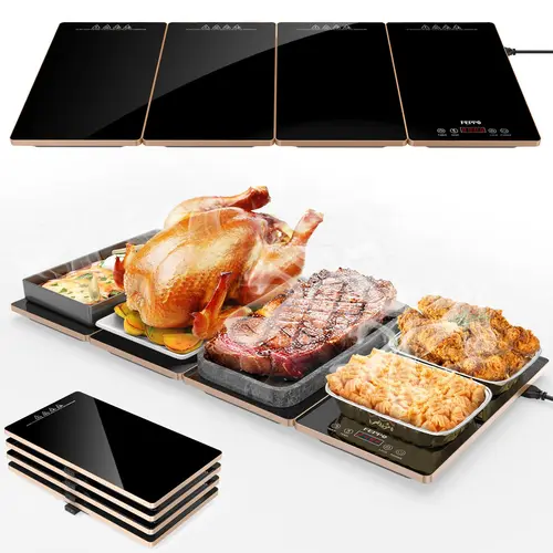 FEPPO Electric Warming Tray - 4-in-1 Kitchen Supplies Thermostat with 10 Temp Settings, Time Function, 33"x15" Tempered Glass Surface, for Family Dinners, Catering, Child Lock