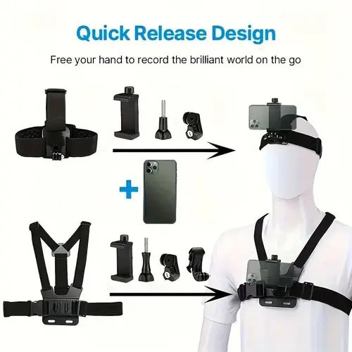 Action Camera Strap Set with Phone Clip, Durable Material Fixing Mount for Gopro/Smartphone/Osmo Action, Easy Mounting Universal Compatibility Sports Camera Accessories, Adventure Sports Black