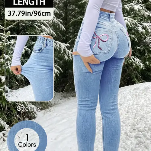 Elegant Women's High Waist Slimming Jeans, Embroidered Bow Design, Elastic Skinny Fit, All Seasons Fashionable Denim Embroidery Jeans Pants