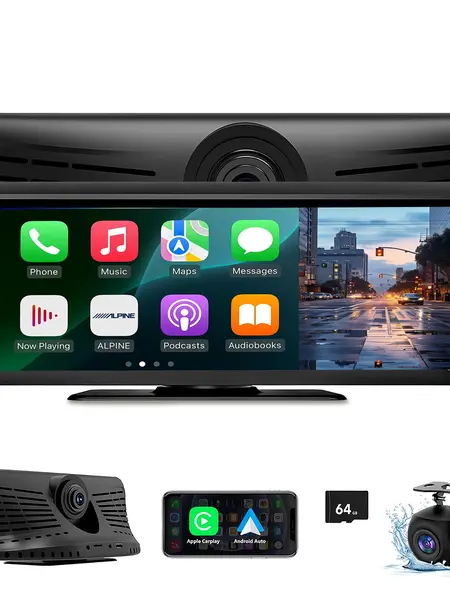 【Hieha】8.14" Portable Wireless CarPlay Adapter Touchscreen Car Stereo, 2000P Dashcam, 1080P Backup Camera, Android Auto, 64G, FM Transmitter, Bluetooth Car Audio, Voice Control, Mirror Link, GPS Navigation Monitor toolupgrade