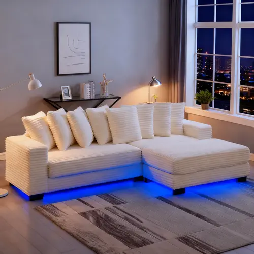 Niccae 110" LED Lighted L-Shaped Convertible Sleeper Sectional Sofa - Modern Corduroy Modular Couch, Adjustable Footrests, 8 Throw Pillows, Easy-Assembly Foam Furniture, Sectional Couches for Living Room, Living Room Furniture for Apartment Decor,sohochic