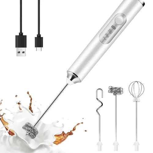Rechargeable Coffee Frother Mixer - 1200mAh, 1-Button Automatic, Waterproof, Detachable Stainless Steel 2-Whisks, Hassle-Free Maintenance Handheld Electric Milk Frother with Detachable Parts for Lattes, Cappuccino