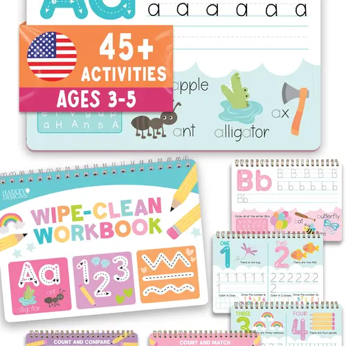 Hadley Designs Wipe-Clean Dry Erase Tracing Book, Preschool Learning Materials, Interactive Office/School Supplies for Ages 3-5, Letter and Number Tracing, 45+ Activities, Boosts Handwriting/Fine Motor Skills, Homeschool Tool