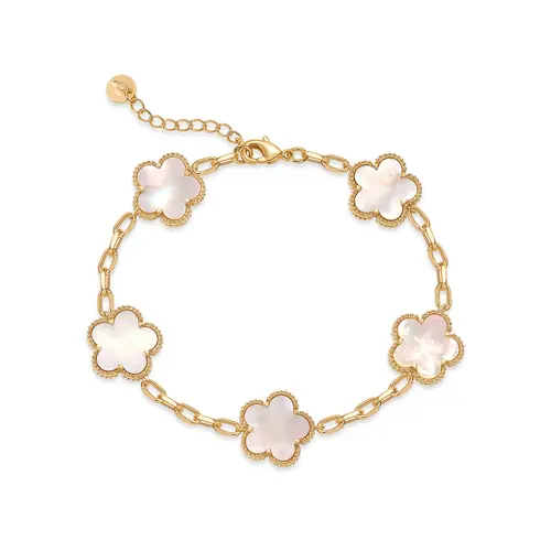 PAVOI 14K Gold Plated Clover Bracelets for Women - Flower Four Leaf Clover Bracelet - Mother of Pearl & Onyx Gemstone Lucky Flower Design - Adjustable Trendy Jewelry Gifts