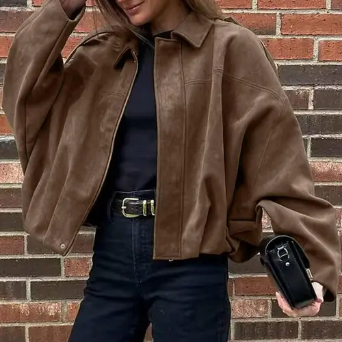 Aviator Jacket Woman,New In Coats And Jackets，Zip Up Jacket Women's Spring Jacket,Suede Jacket,Oversized Pilot Jacket Cropped Fit, Streetwear Pleats Short Jacket Woman