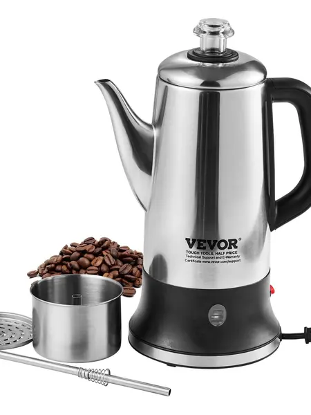 【Back to School】VEVOR 12-Cup 304 Stainless Steel Electric Percolator Coffee Pot Kettle, Kitchen Coffee Brewer with Keep Warm Function, Heat-Resistant Handle, Quick Brew, Easy-Pour Spout, Silver for Bedrooms Daily Use, Classic