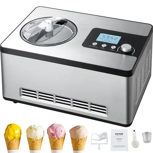 【Backtoschool】VEVOR Automatic Ice Cream Maker with Built-in Compressor, 2 Quart No Pre-freezing Fruit Yogurt Machine, Stainless Steel Electric Sorbet Maker, 3 Modes Gelato Maker with LCD Display & Timer, Silver, Freezer Treat, Kitchen Accessories