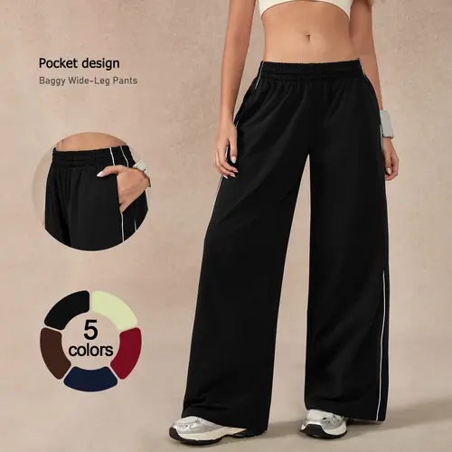 TIMEOFF Women's Oversized Loose Wide-Leg Track Pants - Adjustable Elastic Waist, Side Trim, Pockets, Comfy Stretch, All Season Workout Sweats for Lounging, Gym, Women's Clothing, Bottoms